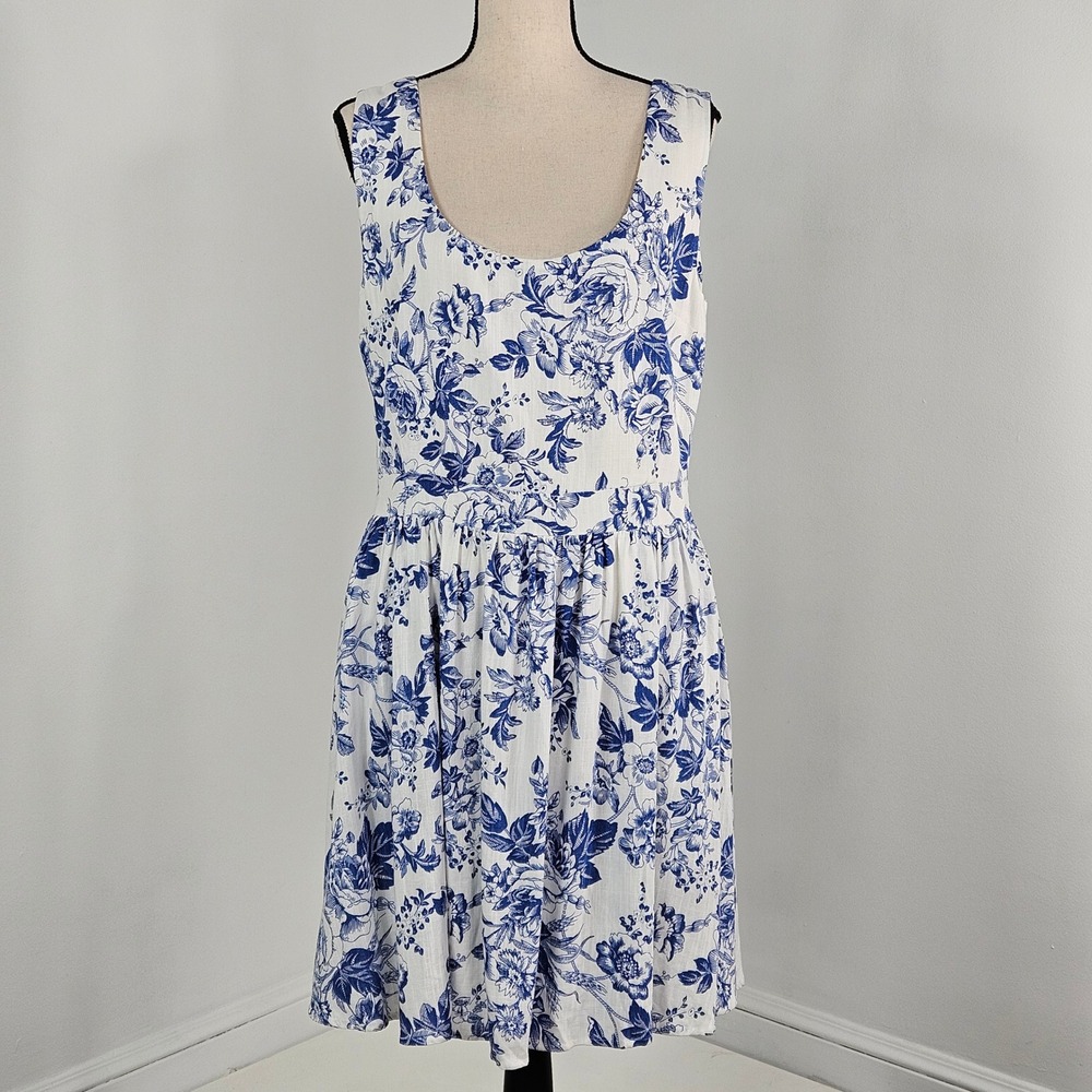 Kiel James Patrick Blue White Floral Toile Dress Women 10 Rayon‎ Linen Pockets